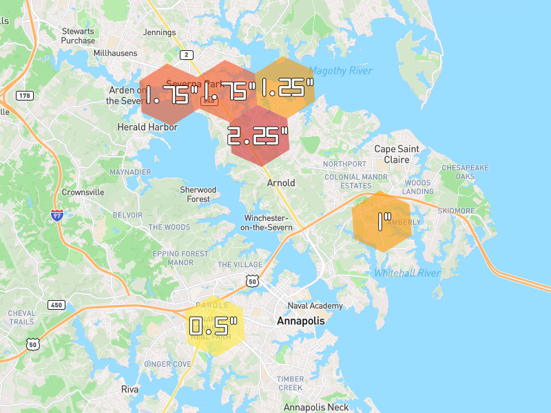Hail map of Annapolis, MD on Jul 4, 2026, hail up to 2.25"