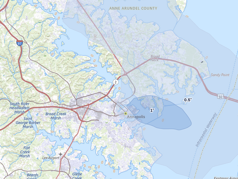 NEXRAD radar-signature map of the hail storm over Annapolis, MD on Jul 28, 2026