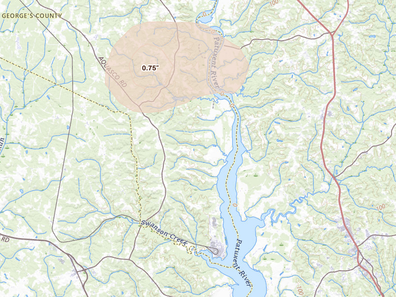 Radar-estimated hail-size map of the storm over Aquasco, MD on Aug 10, 2026