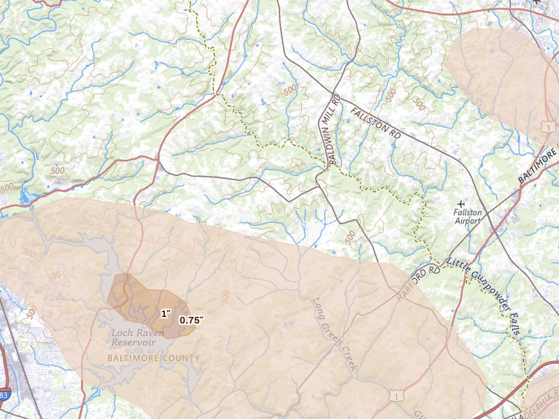 Radar-estimated hail-size map of the storm over Baldwin, MD on Aug 10, 2026