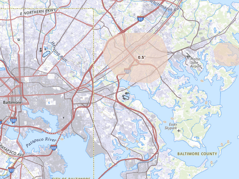 Radar-estimated hail-size map of the storm over Baltimore, MD on May 20, 2026
