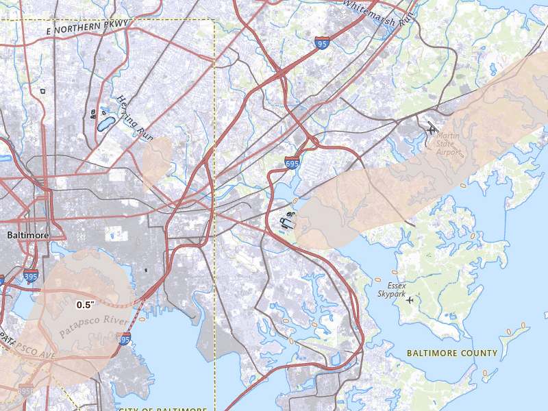 Radar-estimated hail-size map of the storm over Baltimore, MD on Jul 4, 2026