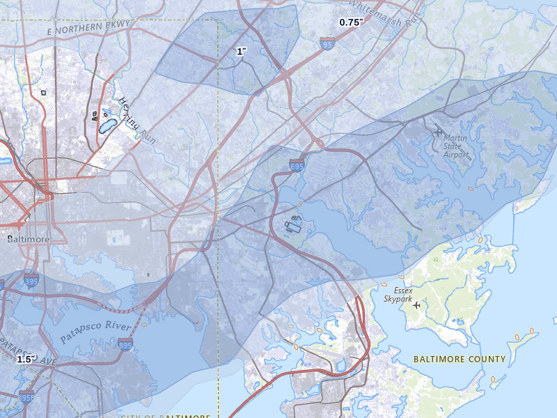 NEXRAD radar-signature map of the hail over Baltimore, MD
