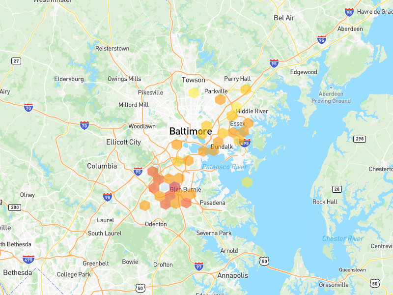 Hail map of Baltimore, MD on Jul 4, 2026, hail up to 2"