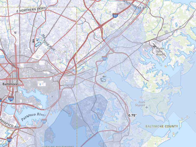NEXRAD radar-signature map of the hail storm over Baltimore, MD on Jul 5, 2026
