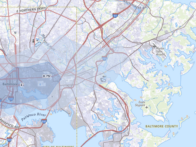 NEXRAD radar-signature map of the hail over Baltimore, MD