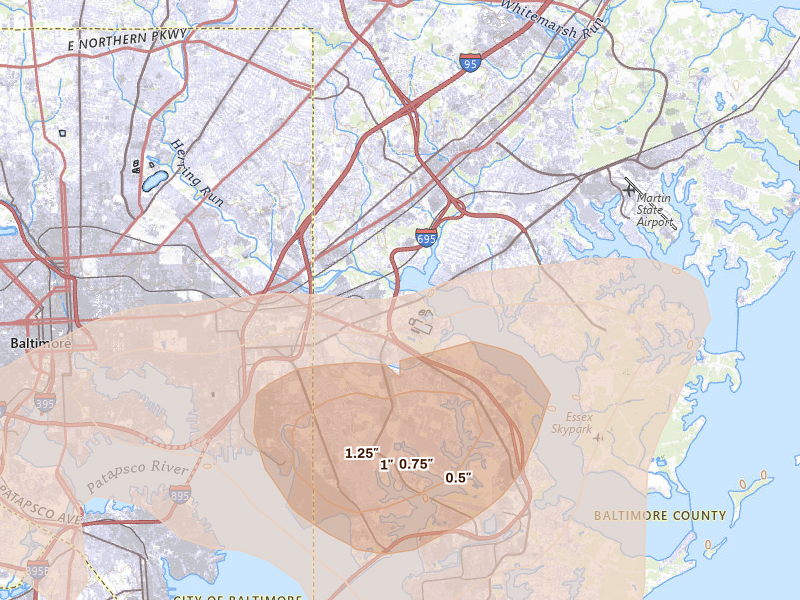 Radar-estimated hail-size map of the storm over Baltimore, MD on Jul 28, 2026