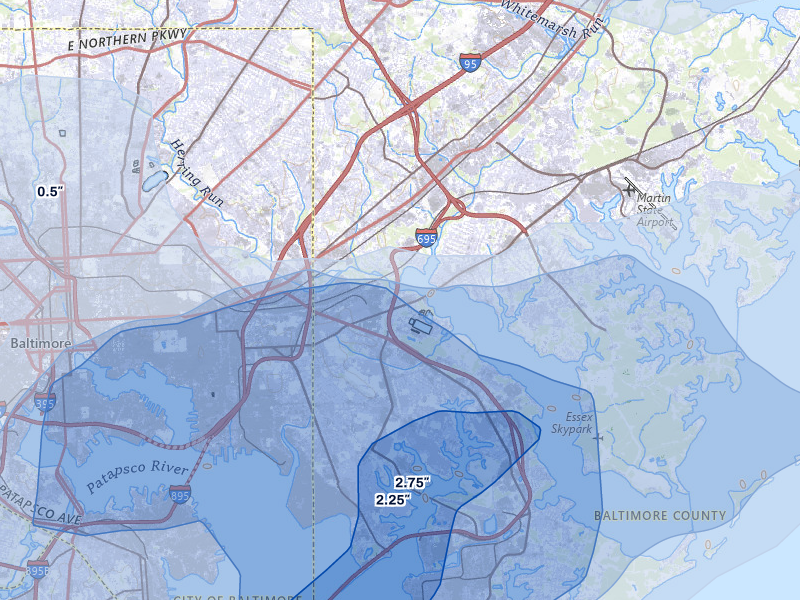 NEXRAD radar-signature map of the hail storm over Baltimore, MD on Jul 28, 2026