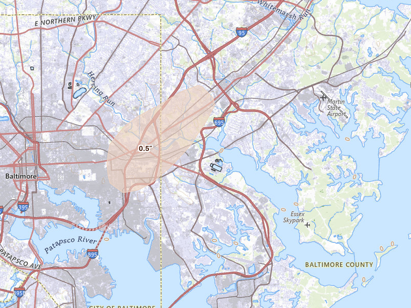 Radar-estimated hail-size map of the storm over Baltimore, MD on Aug 7, 2026