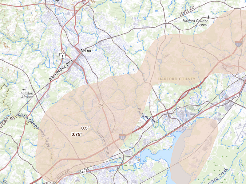 Radar-estimated hail-size map of the storm over Bel Air, MD on Jul 4, 2026
