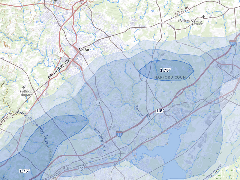 NEXRAD radar-signature map of the hail over Bel Air, MD