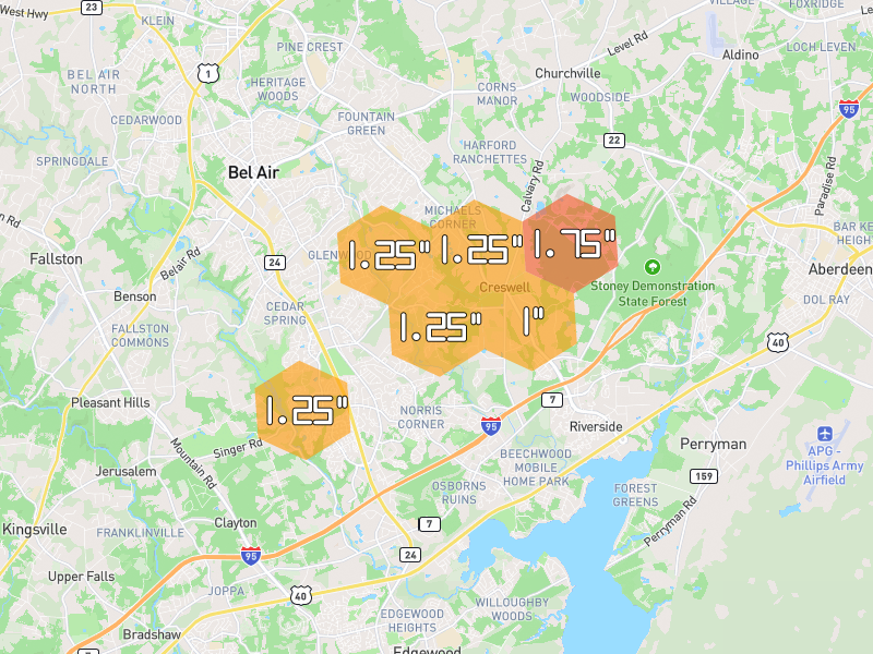 Hail map of Bel Air, MD on Jul 5, 2026, hail up to 1.75"