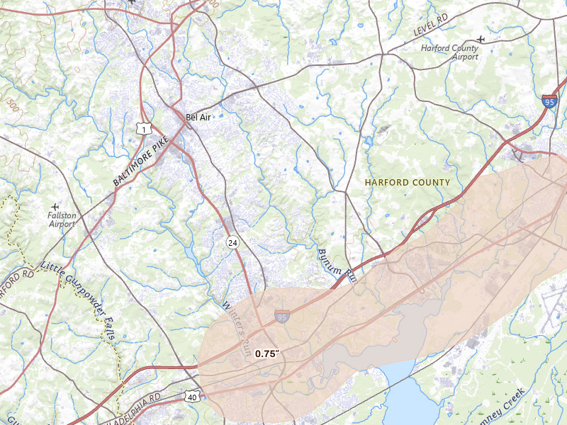 Radar-estimated hail-size map of the storm over Bel Air, MD on Jul 28, 2026