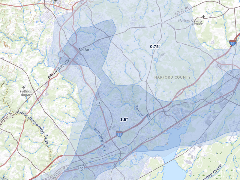 NEXRAD radar-signature map of the hail storm over Bel Air, MD on Jul 28, 2026