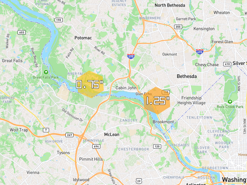 Hail map of Bethesda, MD on Jul 28, 2026, hail up to 1.25"