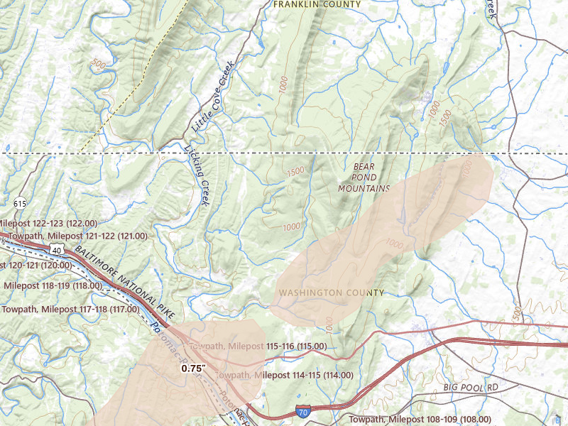 Radar-estimated hail-size map of the storm over Big Pool, MD on Jun 14, 2026