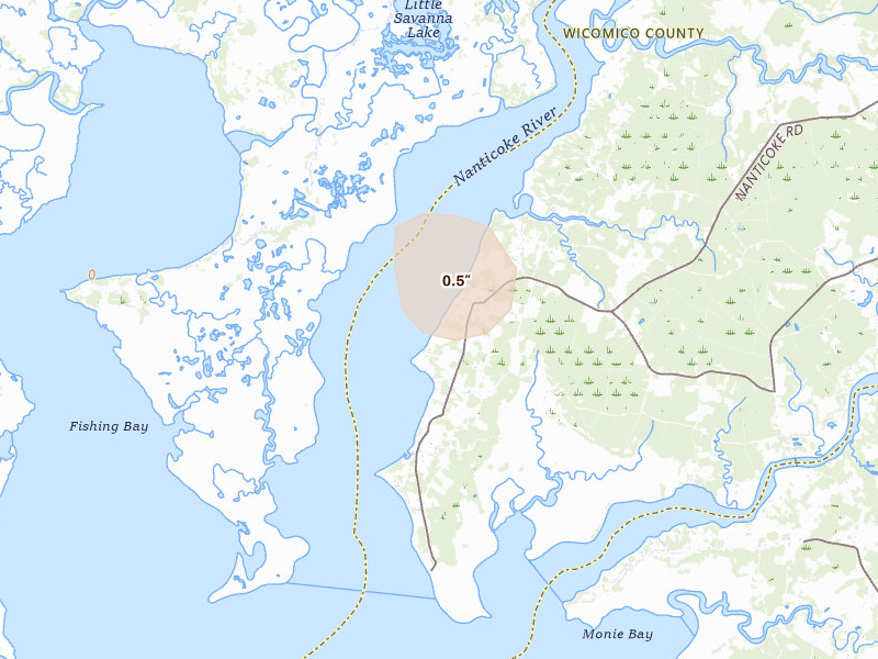 Radar-estimated hail-size map of the storm over Bivalve, MD on Aug 31, 2026