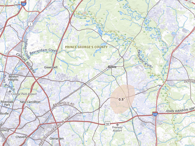 Radar-estimated hail-size map of the storm over Bowie, MD on Jun 22, 2026