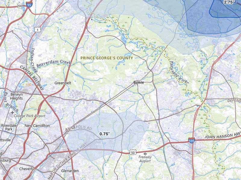 NEXRAD radar-signature map of the hail storm over Bowie, MD on Jul 4, 2026