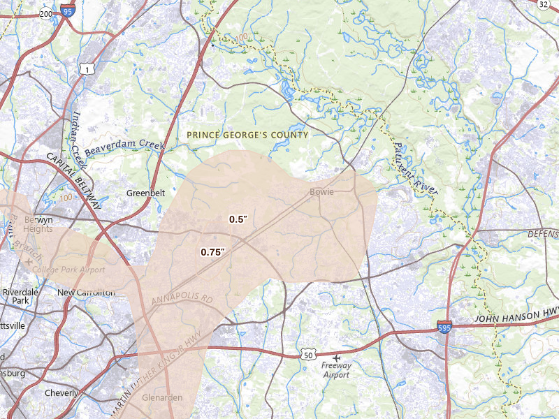 Radar-estimated hail-size map of the storm over Bowie, MD on Jul 5, 2026