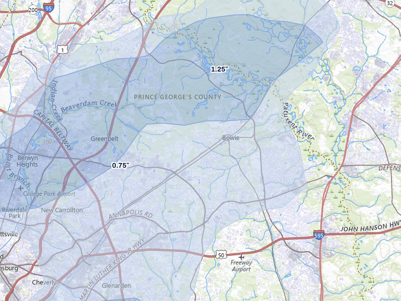 NEXRAD radar-signature map of the hail storm over Bowie, MD on Jul 5, 2026