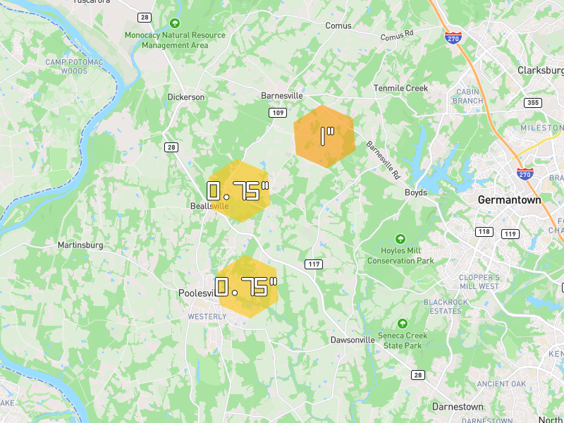 Hail map of Boyds, MD on Jul 28, 2026, hail up to 1"