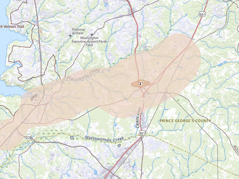 Radar-estimated hail-size map of the storm over Brandywine, MD on Jul 21, 2026