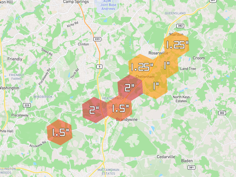 Hail map of Brandywine, MD on Jul 21, 2026, hail up to 2"