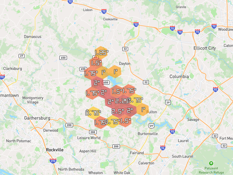 Hail map of Brinklow, MD on Jul 5, 2026, hail up to 2.5"