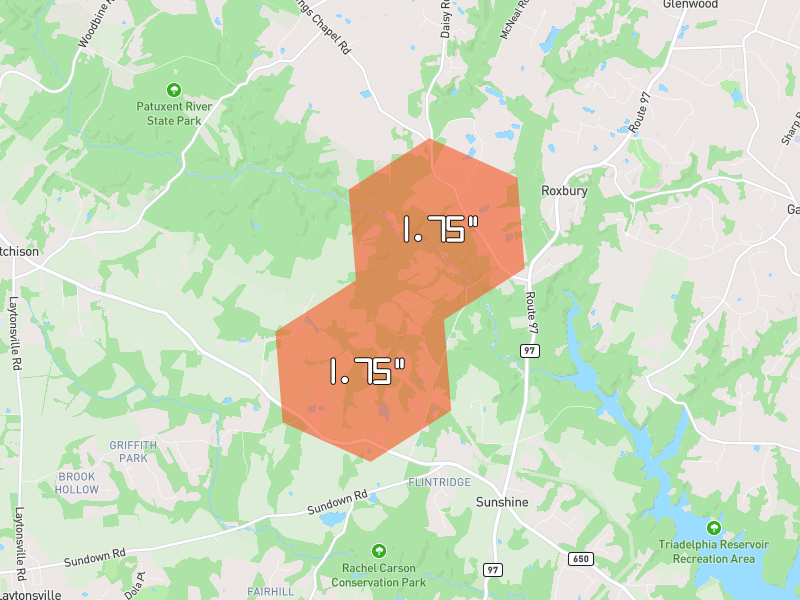 Hail map of Brookeville, MD on Jul 4, 2026, hail up to 1.75"