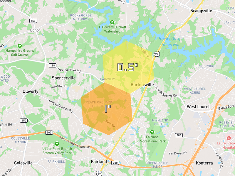 Hail map of Burtonsville, MD on Jul 28, 2026, hail up to 1"