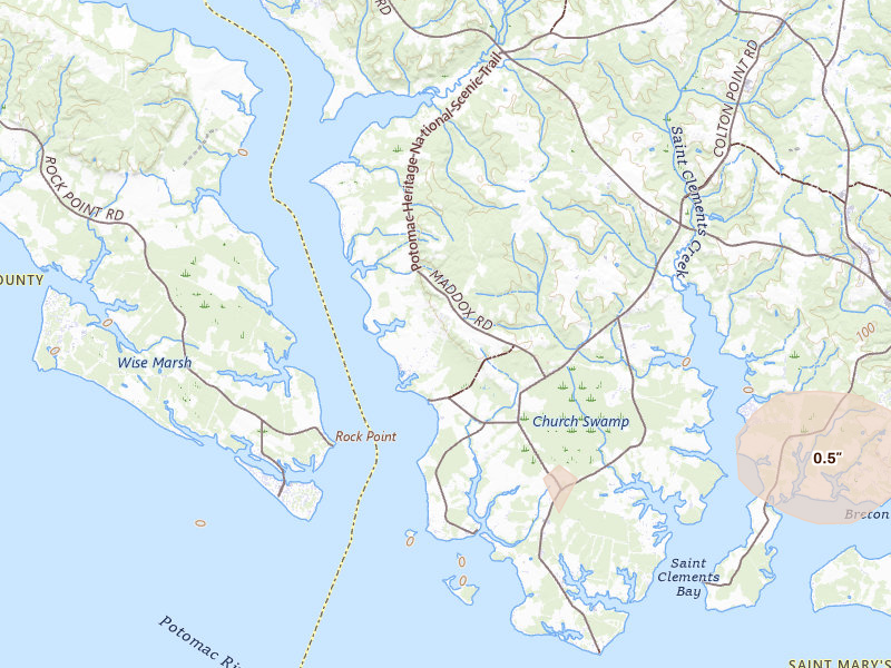 Radar-estimated hail-size map of the storm over Bushwood, MD on Apr 1, 2026
