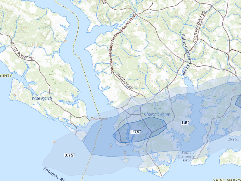 NEXRAD radar-signature map of the hail storm over Bushwood, MD on Apr 1, 2026