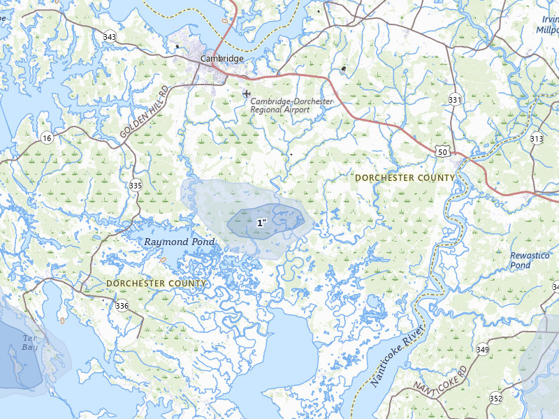 NEXRAD radar-signature map of the hail storm over Cambridge, MD on Apr 1, 2026