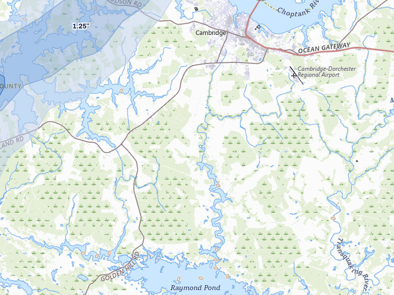 NEXRAD radar-signature map of the hail storm over Cambridge, MD on Jul 5, 2026