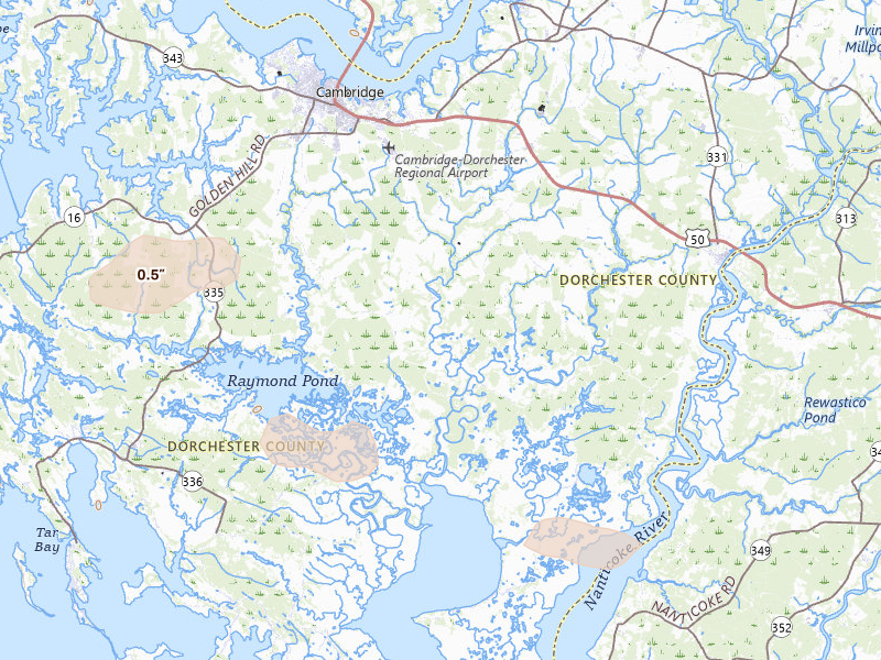 Radar-estimated hail-size map of the storm over Cambridge, MD on Jul 9, 2026