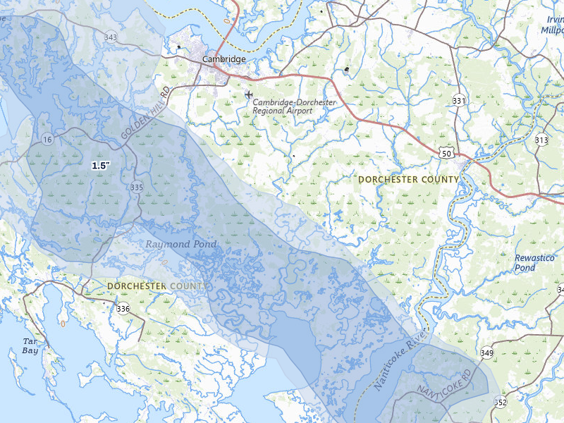 NEXRAD radar-signature map of the hail storm over Cambridge, MD on Jul 9, 2026