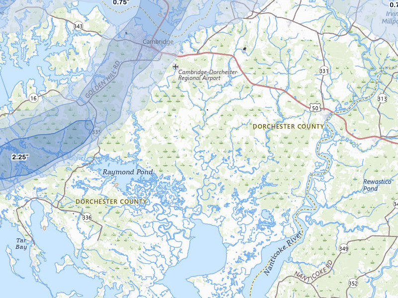 NEXRAD radar-signature map of the hail storm over Cambridge, MD on Jul 28, 2026