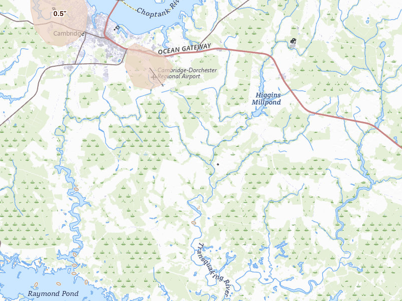 Radar-estimated hail-size map of the storm over Cambridge, MD on Aug 10, 2026