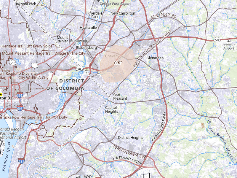 Radar-estimated hail-size map of the storm over Capitol Heights, MD on Jul 4, 2026