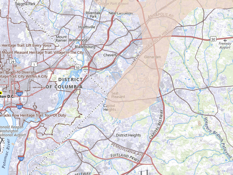 Radar-estimated hail-size map of the storm over Capitol Heights, MD on Jul 5, 2026