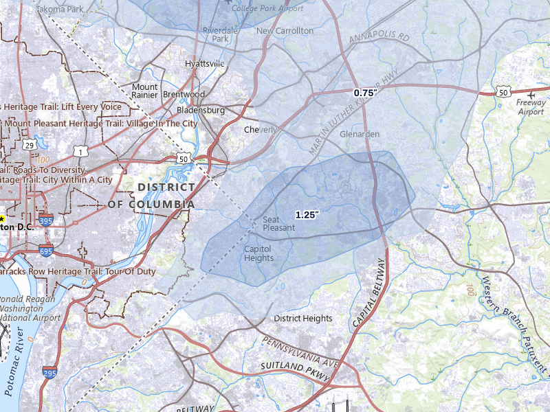 NEXRAD radar-signature map of the hail over Capitol Heights, MD