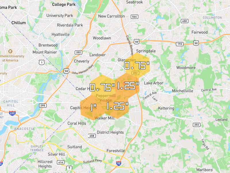 Hail map of Capitol Heights, MD on Jul 5, 2026, hail up to 1.25"