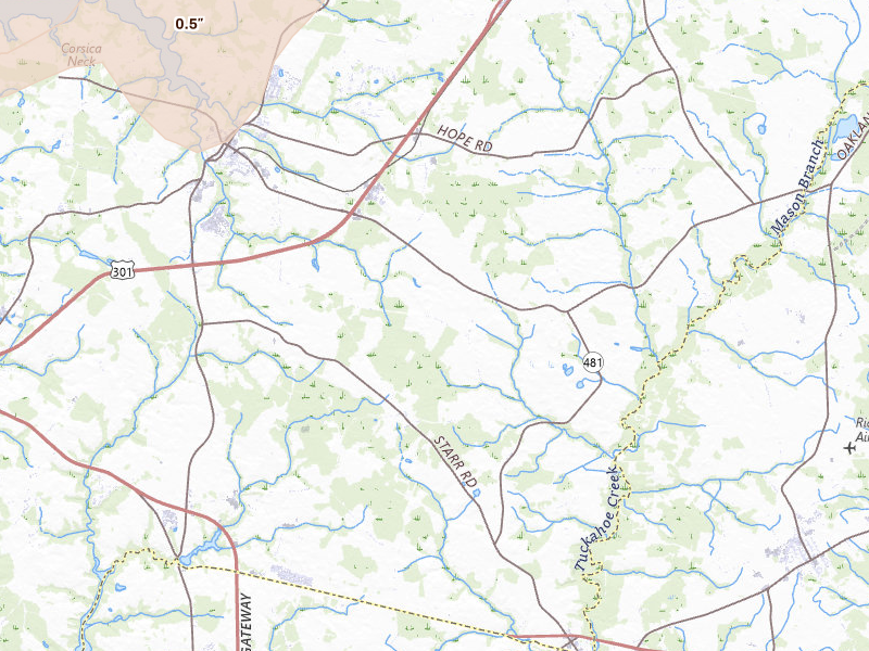 Radar-estimated hail-size map of the storm over Centreville, MD on Jul 4, 2026