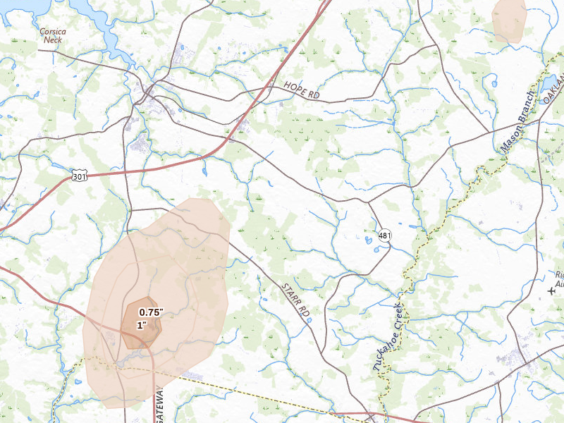 Radar-estimated hail-size map of the storm over Centreville, MD on Jul 5, 2026