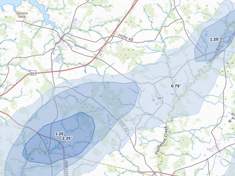 NEXRAD radar-signature map of the hail storm over Centreville, MD on Jul 5, 2026