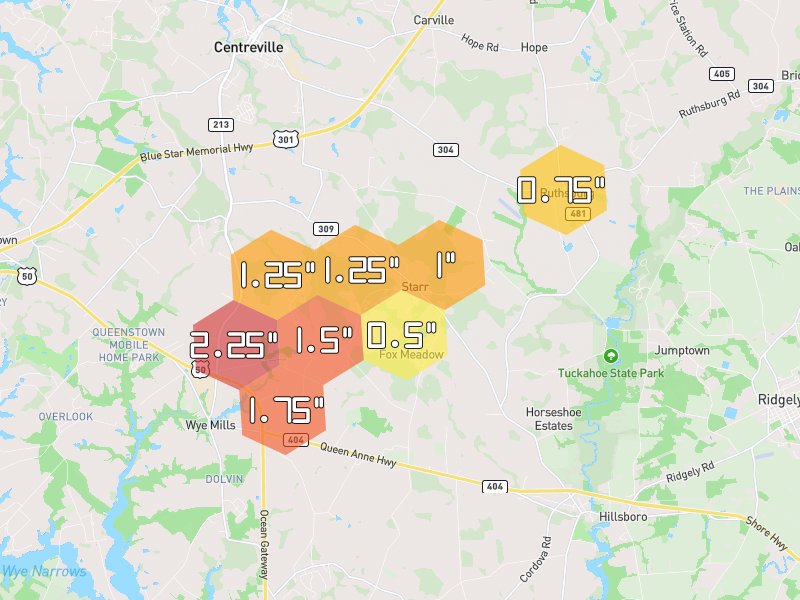 Hail map of Centreville, MD on Jul 5, 2026, hail up to 2.25"
