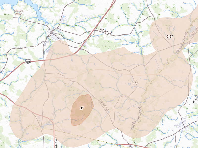 Radar-estimated hail-size map of the storm over Centreville, MD on Jul 18, 2026