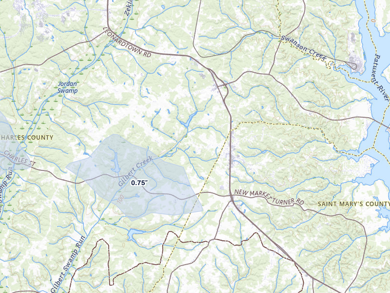 NEXRAD radar-signature map of the hail storm over Charlotte Hall, MD on Jul 9, 2026