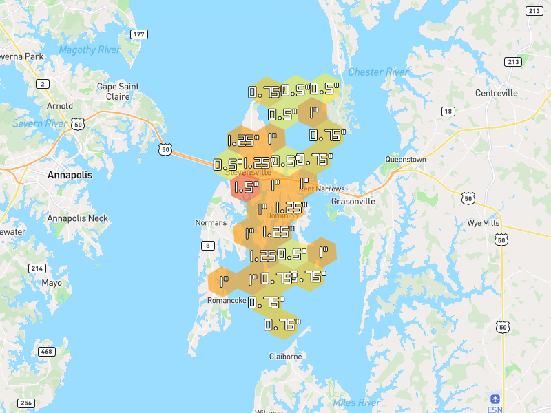 Hail map of Chester, MD on Jul 6, 2026, hail up to 1.5"
